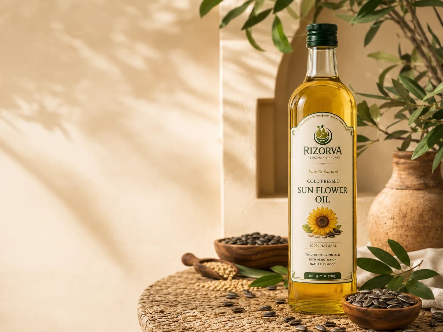 Fresh pressed Rizorva sunflower oil, small batch editorial